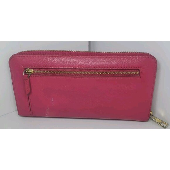 Vtg Fossil Wallet Hot Pink Pebbled Leather Wallet Zip Around Tan Inside *FLAW - Picture 2 of 9